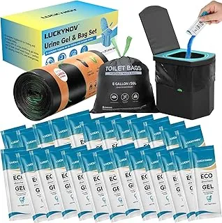 25 bolsas de inodoro portátiles con 25 geles de poo, bolsas de basura de 8 galones a prueba de fugas para inodoro de campamento, paquete económico de gel absorbente para orinal portátil, RV, senderismo, viajes, uso al aire libre
