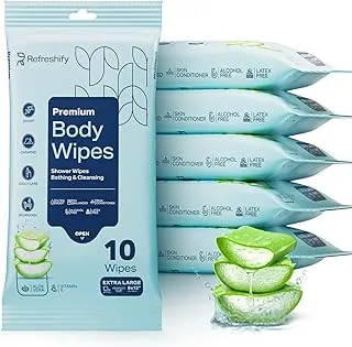 60 Toallitas XL para ducha – Toallitas corporales para adultos sin enjuague – 6 paquetes de 10 – Baño extra húmedo con aloe y vitamina E para acampar, viajar, ir al gimnasio y cuidado de personas