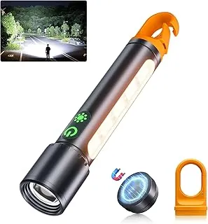 ADDplus Linterna magnética recargable, 5000 mAh, linternas de alto lúmenes con 9 modos, impermeable, ajustable, potente luz de destello, luces múltiples de emergencia para el hogar, automóvil, senderismo, campamento (1, negro)