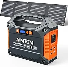 AIMTOM Estación de energía portátil de 155 Wh con panel solar de 30 W – 150 W pico/110 V CA, 18 W USB-C, 2 USB-A y 12 V CC – Generador solar para camping, hogar, RV, viajes y emergencias