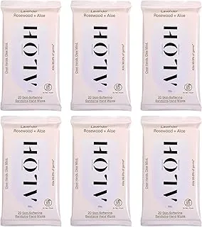 ALŌH Toallitas Desinfectantes para Manos de Lavanda Palisandro + Aloe - Manos Limpias, Mente Clara - Toallitas Desinfectantes para Manos Portátiles para Niños y Adultos - Tamaño de Viaje Paquete de 6