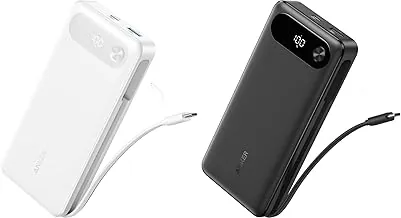 Anker Cargador portátil de 20.000 mAh con cable USB-C integrado, batería de carga rápida máxima de 87 W para laptop, 2 USB-C y 1 USB-A, para MacBook, iPhone 16/15 Series (negro + blanco)