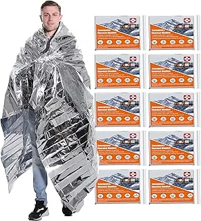 ANLOKE Mantas de emergencia Mylar manta térmica (paquete de 10) de manta espacial gigantesca de 84 x 64 pulgadas, mantas de supervivencia, equipo de campamento resistente, primeros auxilios