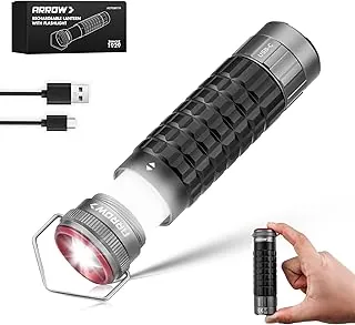 Arrow - Linterna de campamento portátil 2 en 1 con 3 modos, linterna LED recargable USB-C con indicador de batería y gancho de hierro, linternas para cortes de energía, campamento, senderismo