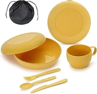 Berglander Kit de desorden de camping con cuenco, plato, taza, cuchara, tenedor, cuchillo y bolsa de transporte, ahorra espacio, fácil de transportar, utensilios esenciales de plástico para campamento, viajes, picnic, al aire libre (amarillo dorado)