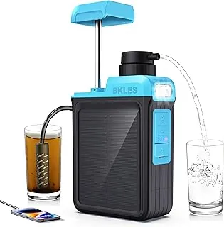 BKLES Filtro de agua eléctrico solar 3 en 1 con bomba de mano, sistema de filtración de agua para campamento de supervivencia, purificador de agua portátil con luz de emergencia, kit de supervivencia