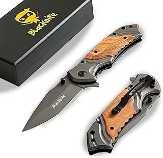 BlacKnife Navaja de bolsillo para hombre, cuchillo de bolsillo plegable con mango de madera y clip, acero inoxidable y cuchillo ideal para camping, caza, bricolaje, (cuchillo liso)