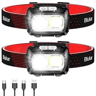Blukar Linterna frontal LED recargable, 2000L faro súper brillante con sensor de movimiento - Brillo regulable, 8 modos, foco y luz de inundación y combinación de luz roja, IPX5 resistente al agua