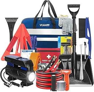 Bolsa de seguridad de emergencia para automóvil con compresor de aire digital, cables de puente, kit de primeros auxilios, kit de seguridad para vehículos de invierno con pala de nieve desmontable, para mujeres, hombres, adolescentes
