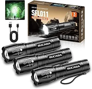 BUCASA Paquete de 3 linternas recargables de alto lúmenes, linterna pequeña más brillante, linternas tácticas recargables potentes, linterna LED impermeable con 3 modos y zoom para camping y
