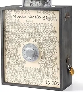 Caja de ahorro de dinero 10000 con cerradura, caja de desafío de ahorro de madera grande de 10 K $10,000 reutilizable para monedas y dinero, caja de ahorro de efectivo, caja de ahorro de