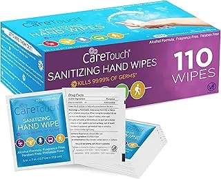 Care Touch Toallitas desinfectantes para manos, 110 toallitas de mano envueltas individualmente, tamaño de viaje, toallitas húmedas desinfectantes para el hogar, la oficina y el uso al aire libre