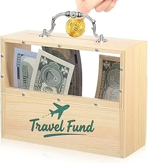 Chunful Caja de dinero de madera de ahorro de viaje – Tarro de fondo de vacaciones con mango de metal – Banco de monedas para adultos – Fondo de aventura y luna de miel – Caja de ahorros decorativa