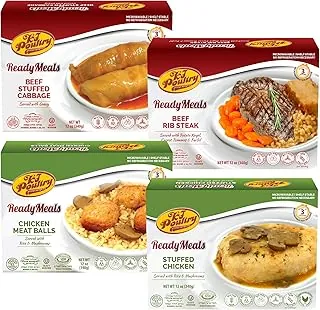 Comidas de carne Kosher Mre listas para comer, variedad de filete de costilla de ternera, rollos de repollo rellenos, pechuga de pollo, bolas de carne de pollo (paquete de 4) – Entree preparado