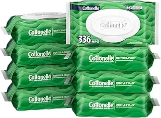 Cottonelle GentlePlus Toallitas húmedas desechables con aloe y vitamina E, 8 paquetes con tapa abatible, 42 toallitas por paquete (336 toallitas en total), el empaque puede variar