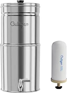Culligan MaxClear - Sistema de filtro de agua por gravedad de 2.25 galones, elimina microplásticos, PFAS y plomo, certificado NSF/ANSI, filtro de encimera de acero inoxidable pulido con 1 filtro de cerámica