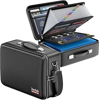 DocSafe Caja de documentos ignífuga con cerradura y correa para el hombro, organizador de archivos de carcasa rígida con carpeta de archivos de acordeón, almacenamiento seguro de viaje portátil de múltiples capas para documentos importantes