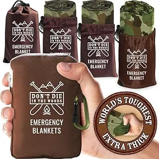 Don't Die In The Woods - Mantas de emergencia más duras del mundo [4 unidades] Manta espacial térmica extra gruesa de Mylar - Uno de los diez equipos esenciales de supervivencia al aire libre para senderismo, camping, kit de primeros auxilios (camuflaje)