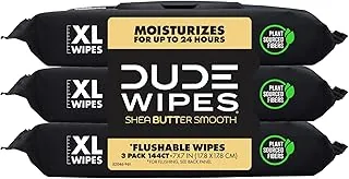 DUDE Toallitas – Toallitas desechables – Paquete de 3, 144 unidades – Manteca de karité suave extra grande – Vitamina E y aloe – Seguro para sépticos y alcantarillados