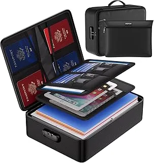 ENGPOW Bolsa de documentos ignífuga con cerradura, juego organizador de archivos con funda de dinero con cremallera, 5 capas de protección, almacenamiento seguro ignífugo para documentos importantes