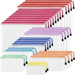 EOOUT 30 piezas, Funda de malla con cremallera, bolsas impermeables con cremallera, 8 tamaños, funda de plástico impermeable para documentos, 8 colores, multiusos para almacenamiento en viajes, artículos escolares, electrodomésticos de oficina y organización del hogar