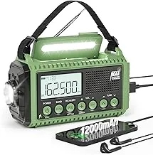 Eoxsmile NOAA - Radio meteorológica de 12000 mAh, radio de emergencia con manivela manual, solar, funciona con pilas, radio portátil de onda corta AM/FM con cargador USB-C, linterna, alerta SOS para