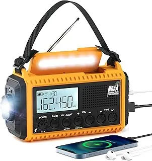 Eoxsmile NOAA - Radio meteorológica de emergencia – 5000 mAh solar/manivela/batería AM/FM/SW con cargador USB, linterna LED y alerta SOS, reloj, radio de supervivencia portátil para cortes de energía