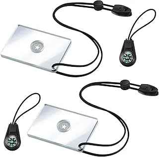 Espejo de señal de 2 piezas de supervivencia para campamento, 2 x 3 pulgadas, silbato de rescate PFD con 2 mini brújulas para senderismo, camping, mochilero y situaciones de emergencia