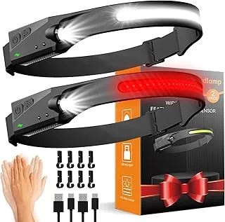 Faros delanteros recargables con luz roja, paquete de 2, lámpara LED de haz ancho para adultos, faros para cabeza con sensor de movimiento, luz de casco duro para correr, acampar, senderismo, caza, pesca