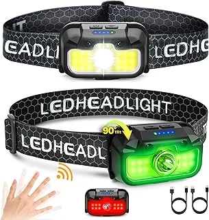 Favorlite Paquete de 2 faros recargables, 1300 lúmenes, ligeros y brillantes, con linterna frontal blanca, verde y roja, lámpara de cabeza impermeable, 14 modos para acampar al aire libre, correr, ciclismo