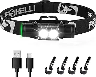 Foxelli Linterna frontal recargable ultra brillante – Batería 18650, IPX7 resistente al agua, luz LED de 1200 lúmenes para trabajo y exteriores, con batería y ganchos - Perfecta para casco o yelmo