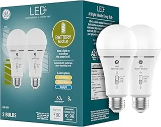 GE Focos LED con batería de respaldo, focos LED recargables A21 para cortes de energía y emergencias, linterna, 3 temperaturas de color (paquete de 2)