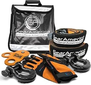 GearAmerica - Kit de recuperación todoterreno de 9 toneladas, incluye correa de remolque, protector de árboles, polea de bloque de tracción, grilletes de anillo en D, bolsa amortiguadora de línea de
