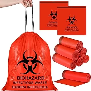Geiserailie 140 bolsas de eliminación de residuos de riesgo biológico con cordón de 10 galones y 24 pulgadas, bolsas rojas de riesgo biológico, sin fugas, forro grueso para botes de basura de 2 mil para un manejo seguro de materiales peligrosos
