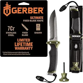Gerber Gear Ultimate Cuchillo de Supervivencia, Cuchillo de Hoja Fija con Filo Combinado, incluye Iniciador de Fuego y Varilla de Ferrocerio, Silbato, Funda con Afilador Integrado - Herramienta de