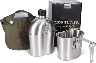 Goetland - Kit de cantimplora militar de acero inoxidable del ejército de EE. UU. de la Segunda Guerra Mundial, de 1 cuarto con taza de 0.5 cuartos y bolsa de nailon G.I.