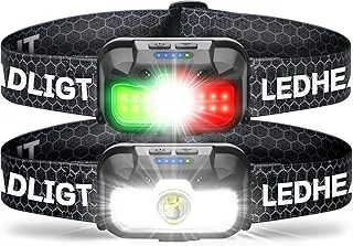 HOKOILN Paquete de 2 faros LED recargables con luz verde y roja, 1300 lúmenes, linterna ultra brillante para campamento, correr, senderismo, pesca, resistente al agua con 7 modos