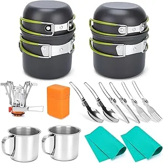 Juego de utensilios de cocina para camping, 16 piezas ligeras para mochileros, kit de desorden con ollas y sartenes de camping, 2 tazas, cuchara de tenedor, kit de cocina de supervivencia para