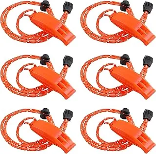 JULBEAR 6 silbatos de supervivencia de seguridad con cordón reflectante ajustable, silbato de plástico de emergencia, silbato marino