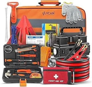 Kit de emergencia para automóvil con compresor de aire portátil, kit de primeros auxilios, cables de puente, kit de herramientas de emergencia de seguridad en carretera para mujeres, hombres