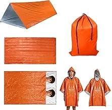 Kit de supervivencia de 5 piezas, suministros de equipo de supervivencia para 2 personas con tienda de campaña de emergencia, manta térmica de tereftalato de mylar, saco de dormir doble, poncho