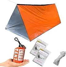 Kit de supervivencia de emergencia para 2 personas: tienda de campaña de película de poliéster, 2 mantas aislantes, paracord, silbato de emergencia | Equipo para todo tipo de clima para camping