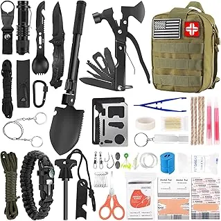 Kit de supervivencia y de primeros auxilios, equipo de supervivencia profesional con bolsa de transporte para hombre, padre, esposo que gusten acampar y aventura al aire libre, 142 piezas