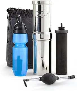 kit GO berkey incluye Botella de agua de acero inoxidable, sistema de filtro de agua (Filtro Incluido) y una funda de vinilo negro para transportar