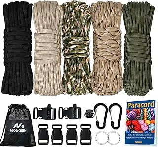 Kits de cuerda paracaídas 550 MONOBIN - Combo de 5 colores y 20 pies de cuerda paracaídas para hacer pulseras, suministros a granel de cuerda paracaídas para hacer cordones, collar para perro