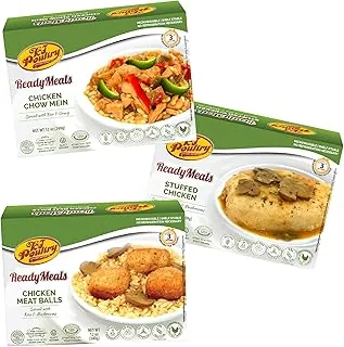 Kosher Mre - Comidas de carne listas para comer, variedad de bolas de carne de pollo, pechuga de pollo rellena, pollo Chow Mein (paquete de 3) – Entree preparado totalmente cocido, cena de microondas