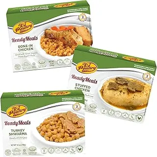Kosher Mre - Comidas de carne listas para comer, variedad de pechuga de pollo rellena, shwarma de pavo, hueso en pollo (paquete de 3) – Entree preparado totalmente cocido, cena en microondas estable