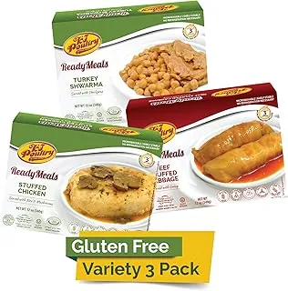 Kosher Mre - Comidas de carne listas para comer, variedad sin gluten, carne de res, pollo, pavo (paquete de 3) – Entree preparado totalmente cocido, cena en microondas estable – Camping y comida de