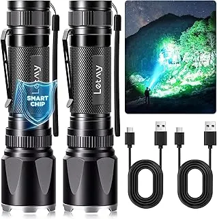 LETMY Linternas recargables de alto lúmenes, 2 unidades de 2000 lúmenes, linterna táctica LED súper brillante, 3 modos Samll potentes luces de flash con clip, linternas impermeables para campamento de