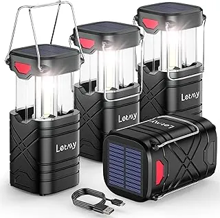 LETMY Paquete de 4 linternas de campamento, linternas LED recargables, faroles solares con batería para huracanes con 3 vías de alimentación y cable USB para emergencias, cortes de energía,